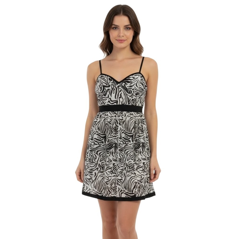 Johnny Martin Zebra Print Mini Dress Spaghetti‎ Straps Black Trim Size S